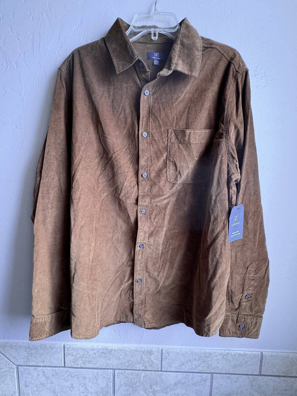 NWT George Corduroy Shirt Mens Size XL Brown Button Up Basic Rugged Cotton New